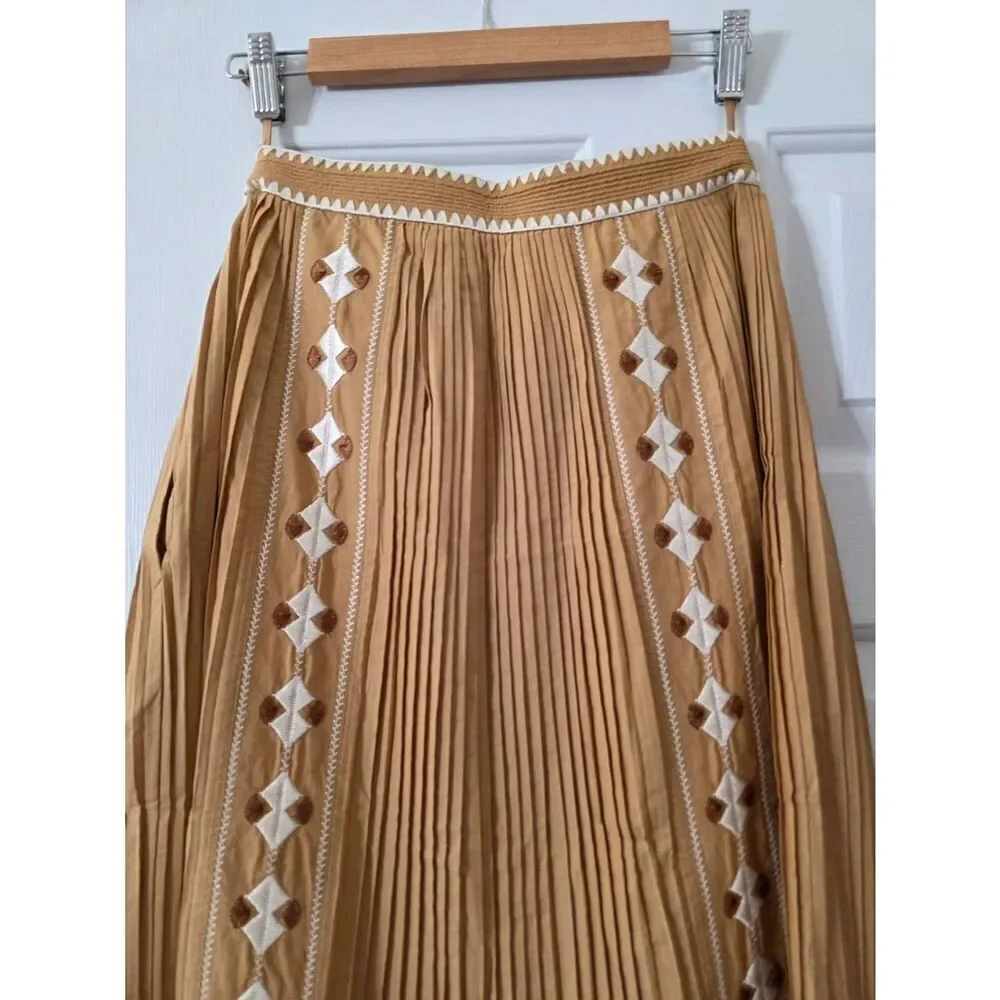 Ulla Johnson Midi Pleated Brown Sabina Embroidered Skirt 0 NWT - Picture 11 of 12